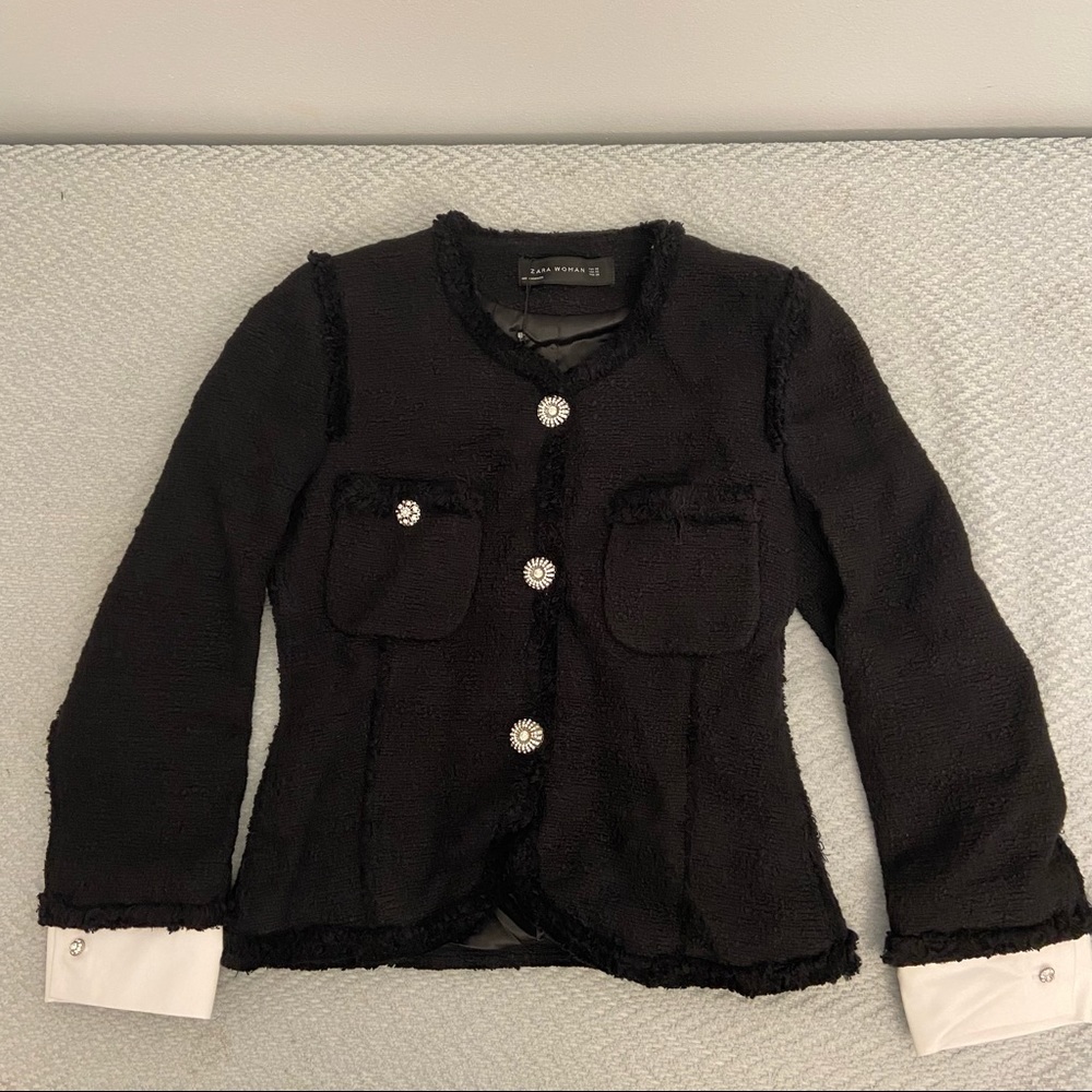 Zara Blazer Tweed Black Rhinestone Buttons Removable Cuff XS